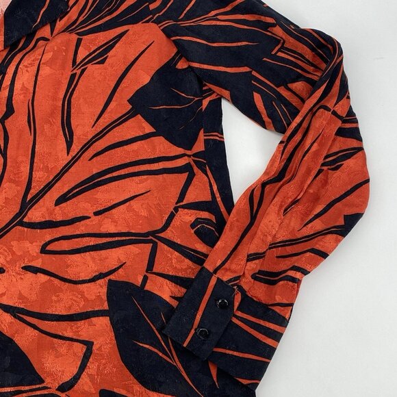 Zara Size Small Leaf Print Collar V-Neck Button Front Long Sleeve Blouse Satin - Picture 5 of 12